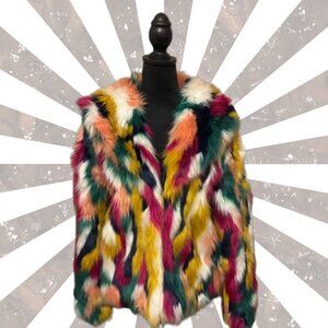 Luii Women's Multicolored Faux Fur Yellow Cardigan Coat Size small